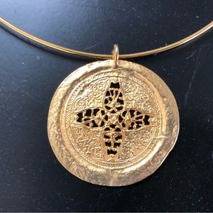 New Kenneth Jay Lane metal gold coin circle cross cutout design choker necklace